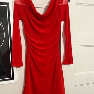 SHEIN Red Ruched Long Sleeve Cowl Neck Dress